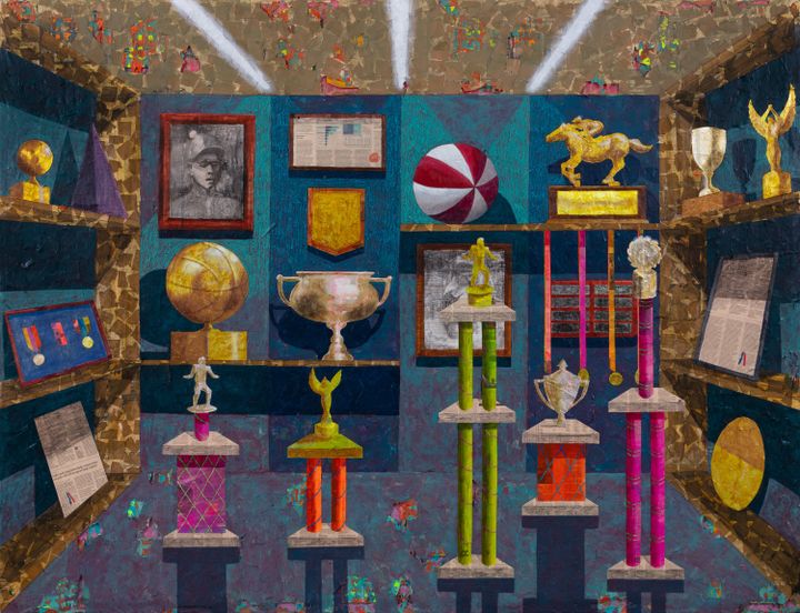 A painting by Derek Fordjour features a room full of trophies, with three spotlights shining at the top of the class=