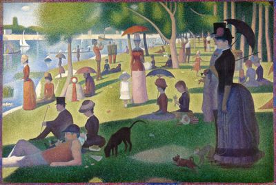A modernist painting by Georges Seurat features individuals leisurely occupying the banks of the river, lying, sitting, and standing up and many holding umbrellas. There are sail boats in the water.