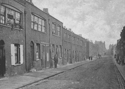 A black and white drawing captures East London in the 19th century and the cottages of silk weavers.