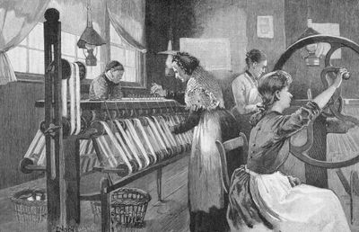 A black and white drawing captures female silk weavers working.