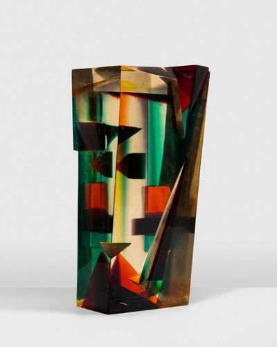Multicolour polyester resin sculpture with geometrical patterns