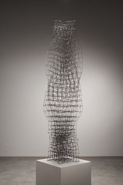 Elongated welded steel sculpture assembled from mesh-like grid