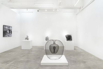 Four sculptures and one monochrome portrait photograph in gallery space