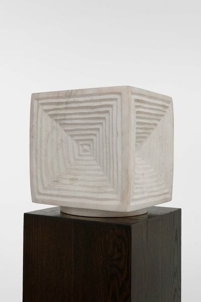 Portuguese marble cube  sculpture with square engraving