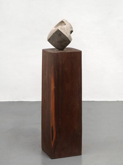 Grey Marble cubical sculpture on wooden base