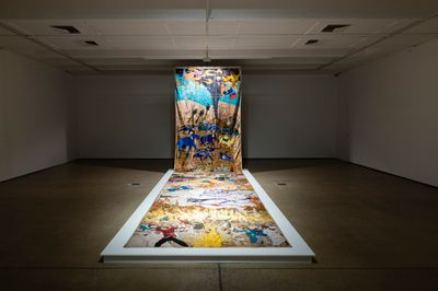 Khadim Ali, Invisible Border 1 (2020). Acrylic paint and dye, hand and machine embroidery stitched on fabric. 210 x 900 cm. Collection: Sharjah Art Foundation. Exhibition view: Invisible Border, Institute of Modern Art, Brisbane (10 April–5 June 2021).