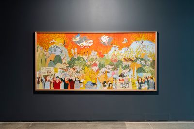 Khadim Ali, Untitled 1 (from 'Sermon on the Mount' series) (2020). Gouache, ink, and gold leaf on paper. 250 x 140 cm. Collection of the artist. Exhibition view: Invisible Border, Institute of Modern Art, Brisbane (10 April–5 June 2021).