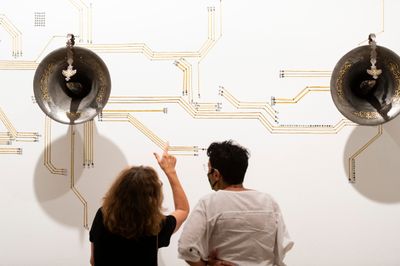 Khadim Ali in collaboration with Sher Ali, Urbicide 2 (2020). 11-channel sound: steel, metal, gold leaf; nylon thread on machine, woven rug, dimensions variable. Collection of the artist. Exhibition view: Invisible Border, Institute of Modern Art, Brisbane (10 April–5 June 2021).