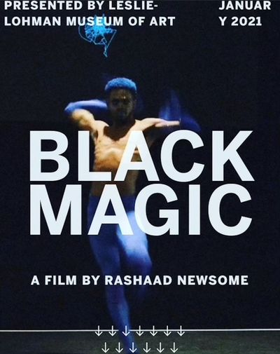 Film poster reading 'Black Magic' showing Black figure spinning in the background.