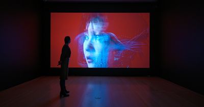 One large screen in a darkened gallery space features the artist Lu Yang dressed as her alter ego Doku against a red background.