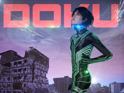 A still from a video by Lu Yang features the artist's alter ego, Doku, dressed in futuristic clothing in an apocalyptic landscape. The word Doku is written in capitals on top of the image.