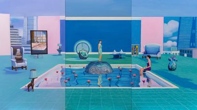 Mak2, Home Sweet Home: Feng Shui Painting, Water 2 (2021). Acrylic on canvas, triptych. 120 x 213 cm (Each panel: 120 x 71 cm). © Mak2.