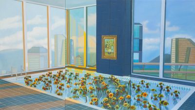 Mak2, Home Sweet Home: Sunflower Pool 6 (2021). Acrylic on canvas, triptych. 120 x 213 cm. © Mak2.