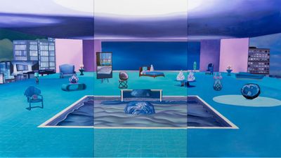 Mak2, Home Sweet Home: Feng Shui Painting, Water 1 (2021). Acrylic on canvas, triptych. 200 x 355 cm (Each panel: 200 x 118.3 cm). © Mak2.