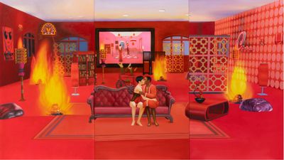 Mak2, Home Sweet Home: Feng Shui Painting, Fire 4 (2021). Acrylic on canvas, triptych. 120 x 213 cm (Each panel: 120 x 71 cm). © Mak2.