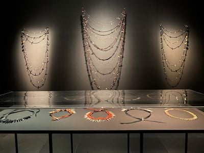 Exhibition view: Necklaces by Maree Clarke on view at Tarnanthi 2021, Art Gallery of South Australia, Adelaide (15 October 2021–30 January 2022).