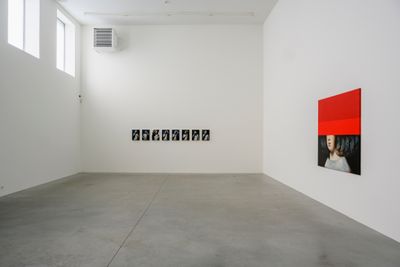 A white gallery space includes a series of small self-portraits of Mircea Suciu on the farthest wall, as well as a figure in Diego Velazquez's Las Meninas with the top half of their head concealed by a red bar of colour.