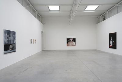 A white gallery space features a series of large-scale paintings by Mircea Suciu in the gallery space, including a grey painting featuring a skull, and a white rooster hanging upside down against a black background.