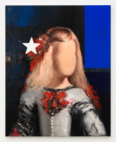 A small child figure from Las Meninas by Diego Velazquez has been painted against a blue and black background with their face blurred out. A large white star is overlaid on the top left-hand side of their head.