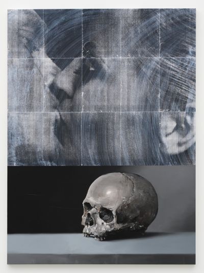 A gleaming scull has been rendered in black and white atop a table in a vertical canvas, the top half of which is painted in gestural black and white strokes.