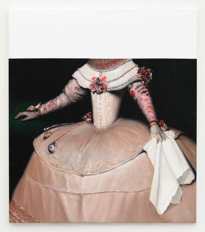 A court figure in extravagant dress is painted against a black background, their head concealed by white paint that covers the top half of the canvas.
