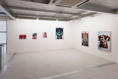 A series of closely cropped photos of brightly coloured kimonos are framed and hung along a wall in a white gallery space.