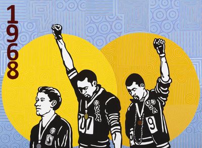 A painting of three men, two with their fists raised, against a yellow and blue backdrop.