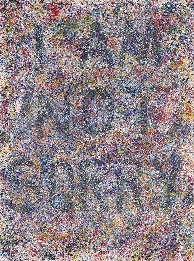 A speckled, abstract painting by Richard Bell with the words 'I Am Not Sorry' written across the surface.