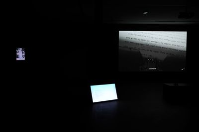 A darkened exhibition space contains three screens in varying sizes, emitting light into the space.