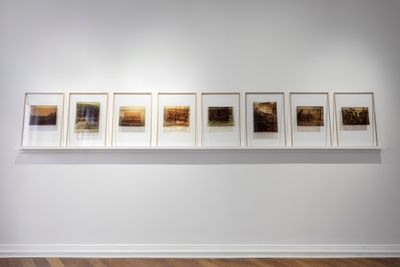 A row of blurred chrome-toned images inside wooden frames. 