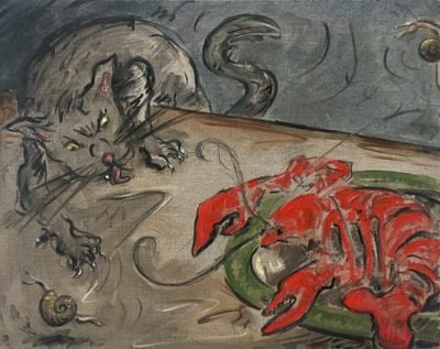 Tanya Merrill, Cat with Lobster and Snails (2019). Exhibition view: Tanya Merrill, Pond Society Shanghai, China (7 July–30 August 2021).