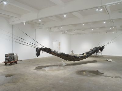 An set of works form an installation in the gallery space, featuring a large black hammock-like structure made up of netting and tarpaulin, along with a machine made up of milk canisters on a trolley. There are pools of water on the ground.
