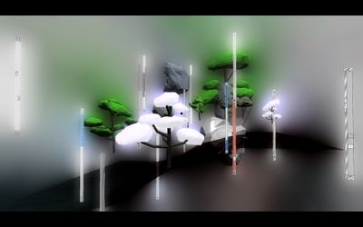 A cluster of trees in the video game Deep Simulator by aaajiao are surrounded by mist.