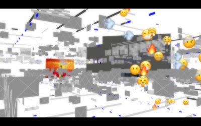 Angry, sick, and tired emojis float in a glitched digital space that is part of Aaajiao's video game Deep Simulator.