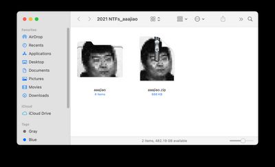 Zip files of Aaajiao's blurred black and white portrait are shown in a file database of a computer.
