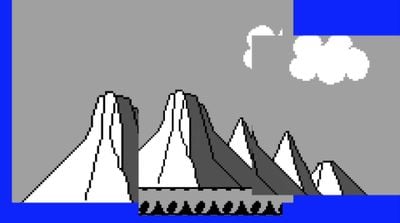 A line of mountains are digitally rendered in tones of grey. Bars of blue outline the left-hand and bottom sides, and there is a cloud above.