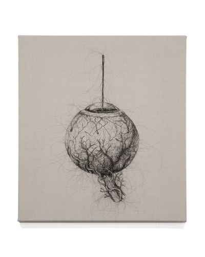 Angela Su, Sewing Together My Split Mind: Straight Stitch (2020). Hair embroidery on fabric. 56 x 51 x 4.5 cm.