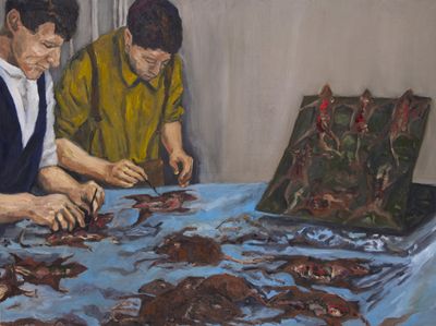 Candice Lin, Sorting the Rats (2020). Oil paint and lard on wood panel. 45.5 x 61 cm.