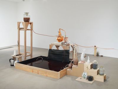 Candice Lin, System for a Stain (2016). Wood, glass jars, cochineal, poppy seeds, metal castings, water, tea, sugar, copper still, hot plate, ceramic vessels, mortar and pestle, Thames mud, jar, microbial mud battery, vinyl. Commissioned and produced by Gasworks. Photo: Andy Keate.