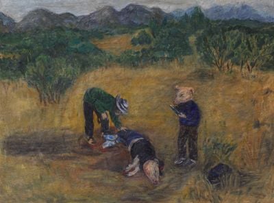 Candice Lin, Measuring pigs in Desert (2020). Oil paint, encaustic wax, lard on wood panel.