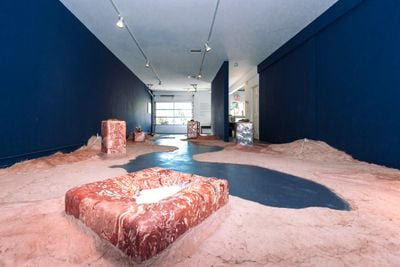 Candice Lin, Swamp Fat (2021). Scagliola, ceramic, clay, earth, mortar, and lard infused with custom scent. Dimensions variable. Exhibition view: Prospect.5: Yesterday we said tomorrow, University of New Orleans St. Claude Gallery, New Orleans (2021–2022).