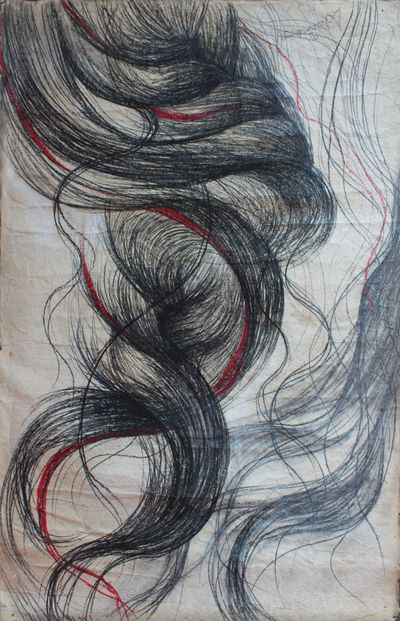 Ashmina Ranjit, Hair Warp - Travel through Strand of Universe 6 (2000). Charcoal and pastel on Lokta paper.