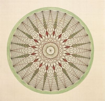 Emma Kunz, Work No. 030 (1892–1963). Pencil, crayon, and oil crayon on brown scale paper (white with raster).