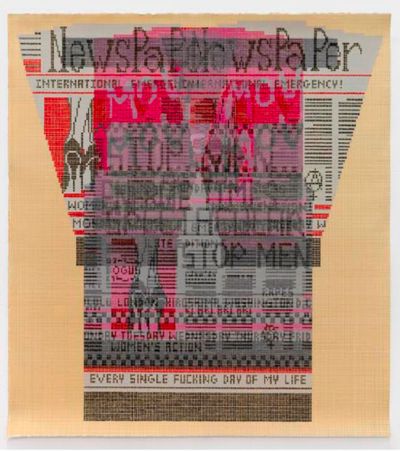 Ellen Lesperance, Stop Men Energie Times Spectacular (2019). Gouache and graphite on tea-stained paper. 74.93 x 74.93 cm. Collection of Helen Kent-Nicoll and Edward J. Nicoll.