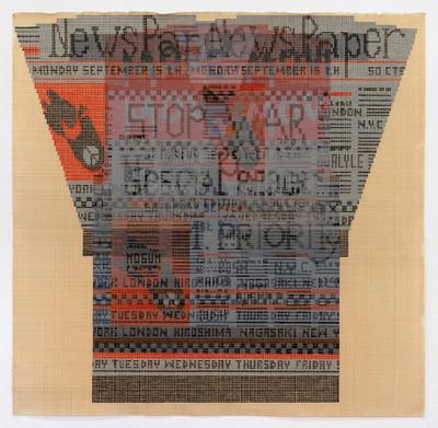 Ellen Lesperance, Stop War 1st Priority (2019). Gouache and graphite on tea-stained paper. 75 x 75 cm.