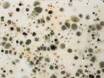 Gala Porras-Kim, Mould extraction (2022) (detail). Propagated spores from the British Museum and potato dextrose agar on muslin. 172 x 300.5 cm.
