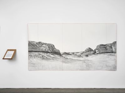 Gala Porras-Kim, Sights beyond the grave (2022). Graphite and colour pencil on paper and document. 150 x 277.5 cm. Exhibition view: Out of an instance of expiration comes a perennial showing, Gasworks, London (27 January–27 March 2022).