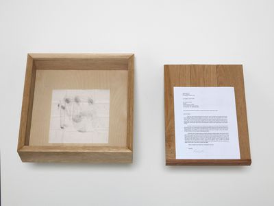 Gala Porras-Kim, Leaving the institution through cremation is easier than as a result of a deaccession policy (2021). Ashes, tissue, and document. 37.5 x 37 cm. Exhibition view: Out of an instance of expiration comes a perennial showing, Gasworks, London (27 January–27 March 2022).