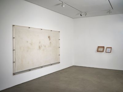 Left to right: Gala Porras-Kim, Mould extraction (2022). Propagated spores from the British Museum and potato dextrose agar on muslin. 172 x 300.5 cm; Leaving the institution through cremation is easier than as a result of a deaccession policy (2021). Ashes, tissue, and document. 37.5 x 37 cm. Exhibition view: Out of an instance of expiration comes a perennial showing
