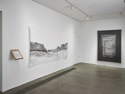 Left to right: Gala Porras-Kim, Sights beyond the grave (2022). Graphite and colour pencil on paper and document. 150 x 277.5 cm; Out of an instance of expiration comes a perennial showing (2022). Graphite on paper and sound. 207 x 147 cm. Music composed and interpreted by Egyptologist Heidi Köpp-Junk. Exhibition view: Out of an instance of expiration comes a perennial showing, Gasworks, London (27 January–27 March 2022).